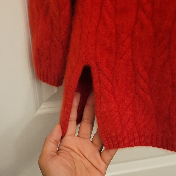 Precious Fibers Cashmere Sweater Red Cable Knit Stretchy Side Slits Medium - Picture 3 of 9